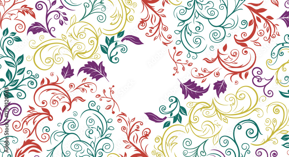 Fototapeta premium Elegant floral pattern design with swirling vines and leaves in vibrant autumn colors.