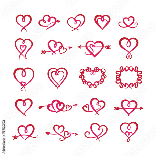 Elegant Red Heart Icons and Love Symbols Set: Vector Illustration of Romantic, Swirl, and Linked Heart Shapes