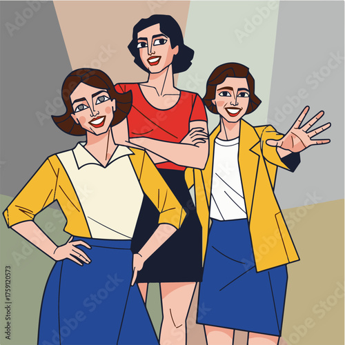 Flat Vector Illustration, Three Smiling Professional Women, Graphic Art Style.