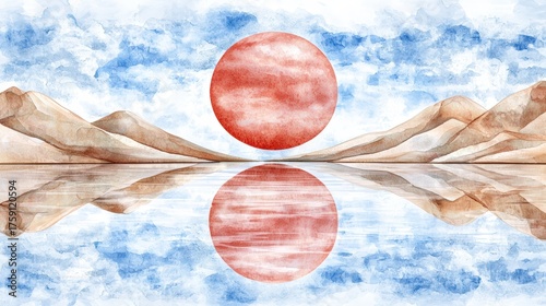 Serene Watercolor Landscape with Large Red Sun and Reflection over Calm Water and Soft Mountain Silhouettes