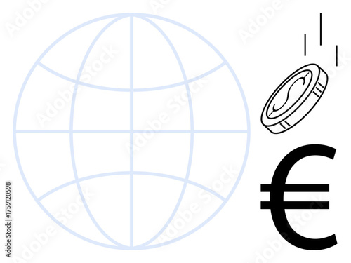 Stylized globe, falling coin, Euro currency symbol. Ideal for finance, economics, globalization, investment, international trade monetary policy conceptual simplicity. A simple flat metaphor