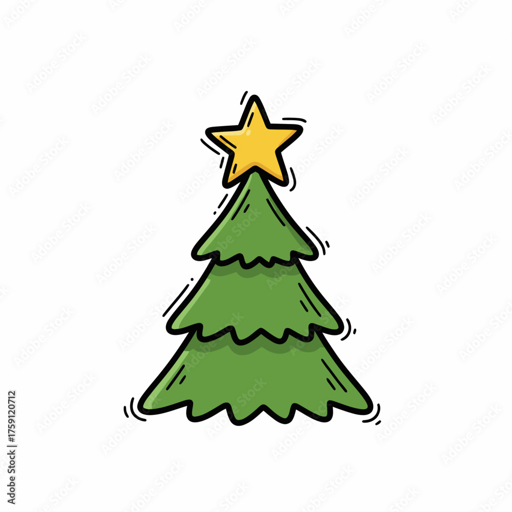 Fototapeta premium Christmas tree with star decoration in simple doodle style 