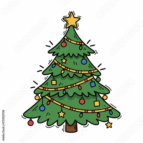 Christmas tree decorated with ornaments and lights in festive style  