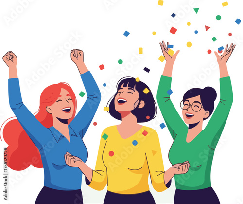 Flat Vector Illustration of Three Joyful Women Celebrating with Colorful Confetti
