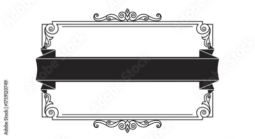 A decorative antique frame with a black banner centered within its ornate border and intricate corner flourishes.