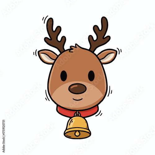 Cartoon reindeer with bell wearing a scarf and smiling cheerfully  