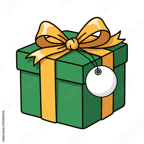 Green gift box with yellow ribbon and blank tag for holidays  