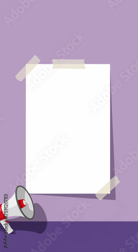 Red and white megaphone with a blank taped sheet of paper for an important announcement.