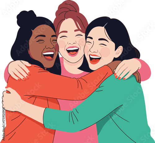 Flat Vector Illustration of Diverse Women Embracing and Laughing Joyfully
