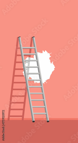 Silver Ladder Leaning Against a Wall with a Hole
