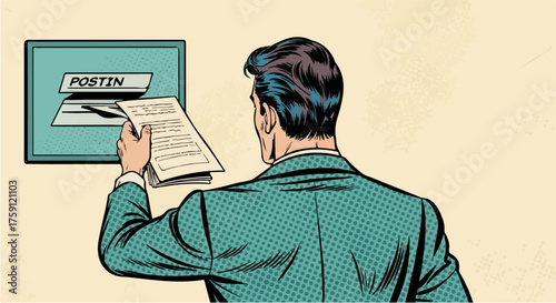 Retro Pop Art Man in Teal Suit Posting Documents into "POSTIN" Slot
