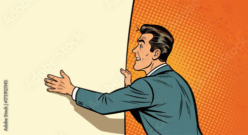 Smiling retro comic book man in a blue dotted suit presenting a blank poster.