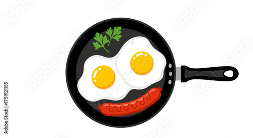 A cheerful face made of fried eggs and sausage in a frying pan.