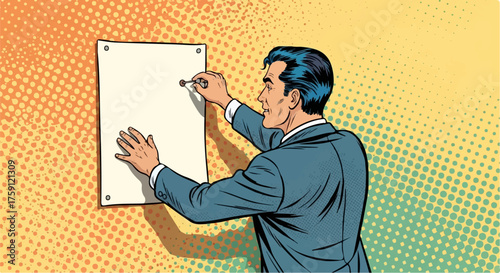 Man in Suit Attaching Paper to Wall with Pushpin