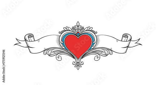 A vintage ornate banner with a central heart emblem and decorative elements, perfect for romantic or celebratory designs.