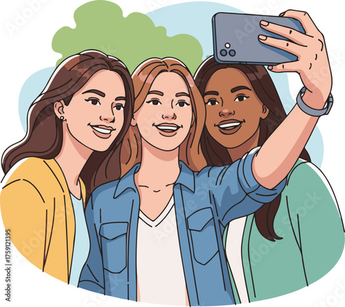 Flat Design Vector Illustration of Young Diverse Women Taking Selfie