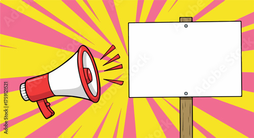 Red and White Megaphone Announcing on Blank White Signboard