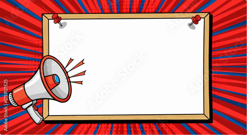 Pop art style megaphone announcing on a blank wooden bulletin board with red pushpins.