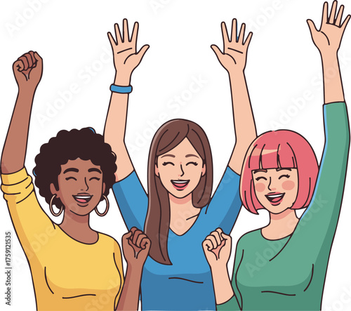 Flat Vector Illustration of Diverse Women Celebrating with Raised Arms
