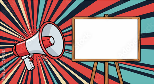 Pop art illustration of a red and white megaphone next to a blank wooden whiteboard on an easel, ready for a message.