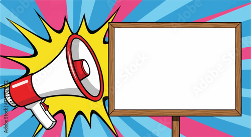 Cartoon-style megaphone with red accents and a blank wooden sign for text