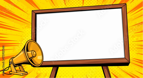 Retro pop art golden megaphone and blank whiteboard easel with brown wooden frame