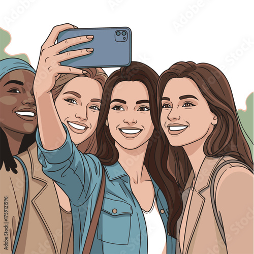 Outlined Vector Art Portrait of Smiling Women Taking Smartphone Selfie
