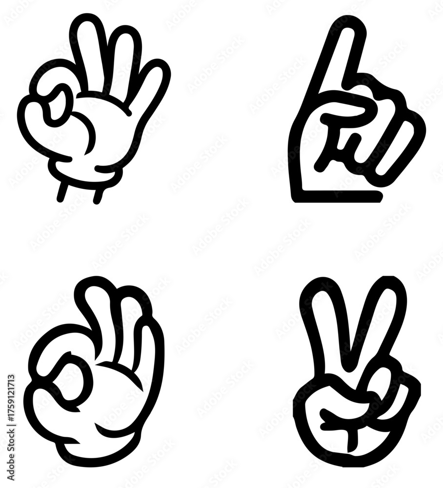 Fototapeta premium Cartoon Hand Gestures Icon Set – Collection of OK, Thumbs Up, Peace, and Pointing Symbols Vector
