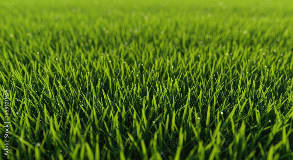 Fototapeta premium Close-up of fresh green grass with morning dew drops in natural sunlight, perfect for gardening and nature projects