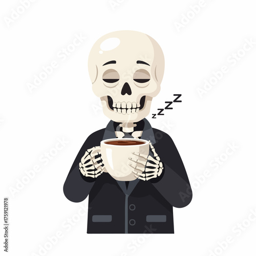 Sleepy cartoon skeleton in a black jacket dozing off while holding a hot coffee mug.