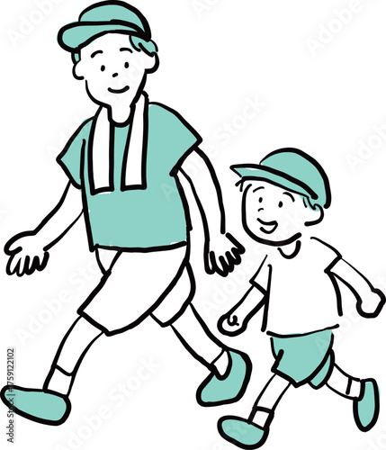Parent and child walking together with hats and towel - hand drawn vector