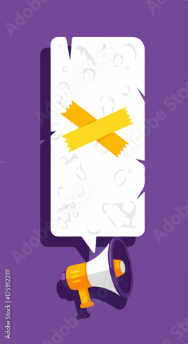 A stylized megaphone with a white speech bubble silenced by crossed yellow adhesive tape.