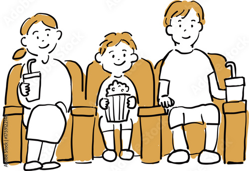 Hand-drawn illustration of a family enjoying a movie at the theater
