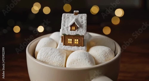 Miniature house with warm lights on marshmallows in cozy cup with bokeh background