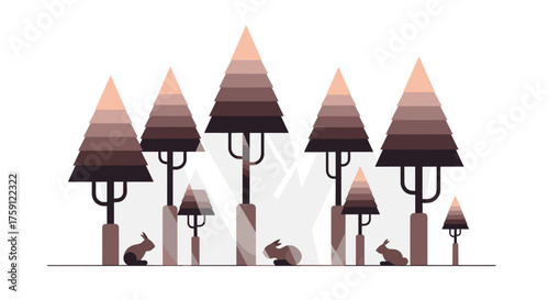 A whimsical forest scene with stylized trees and rabbits frolicking amongst them.