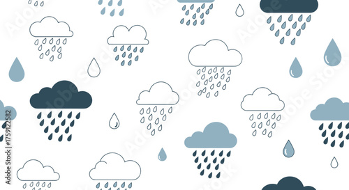 This delightful pattern features a charming collection of clouds and raindrops creating a whimsical and playful design element perfect for any creative project.