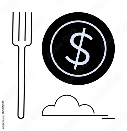 Fork beside a large dollar coin and abstract cloud element. Ideal for finance, savings, business, food budgeting, cost analysis, investments, resource management themes. Minimal simple flat metaphor