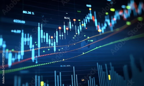 Animated financial stock market chart with a rising graph and trend line, symbolizing business growth, success, and profit. Investment and economy data visualization motion graphics video footage.