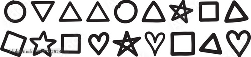 Simple bold black outline icons of basic shapes including circles, triangles, squares, stars, and hearts with a playful irregular hand-drawn look. 