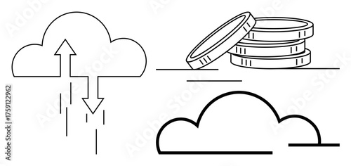 Cloud with arrows, stack of coins, and minimalist clouds symbolize data transfer, storage, wealth. Ideal for technology, finance, internet, investment cloud services economy simple flat metaphor