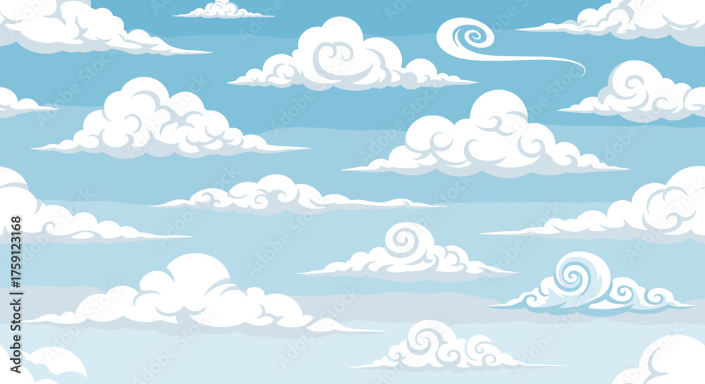 Fototapeta premium Various types of fluffy white clouds drifting across a clear blue sky in a cartoonish style.