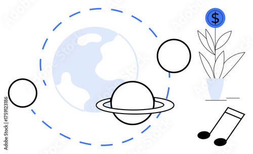 Planet with orbit lines and surrounding spheres, dollar coin on plant, and musical note. Ideal for sustainability, finance, innovation, exploration, creativity, environment abstract simple flat