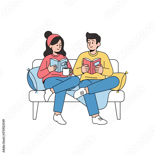 Couple Reading Books Together on Sofa.