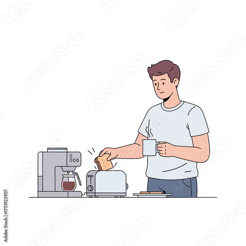 Man making breakfast with coffee and toast.