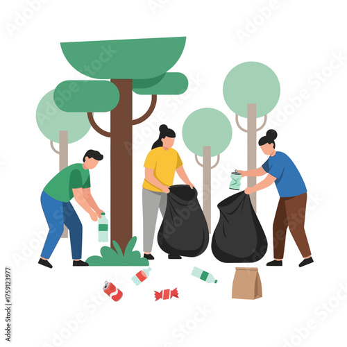 People cleaning up litter in a park environment.