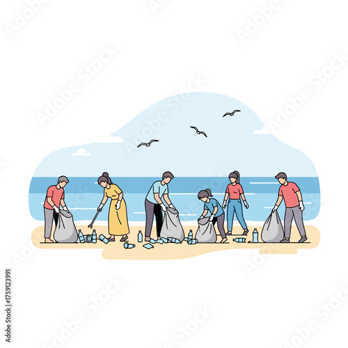 People cleaning up a beach full of trash.