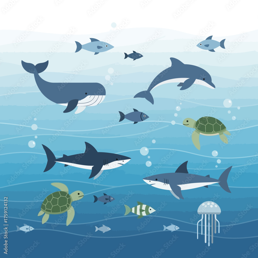 Obraz premium Underwater Ocean Life Scene with Whales Dolphins Sharks Turtles and Jellyfish.