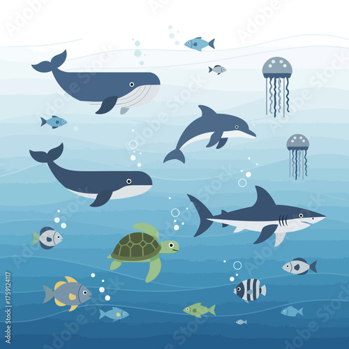 Underwater Ocean Life Scene with Various Marine Animals.