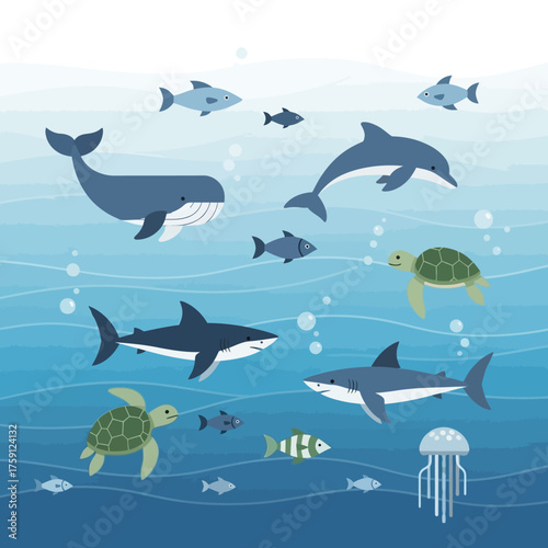 Underwater Ocean Life Scene with Whales Dolphins Sharks Turtles and Jellyfish.