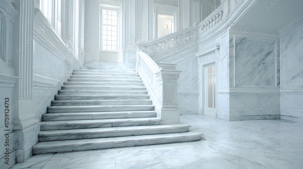 Obraz premium Elegant white marble staircase ascends to a bright, ornate landing.